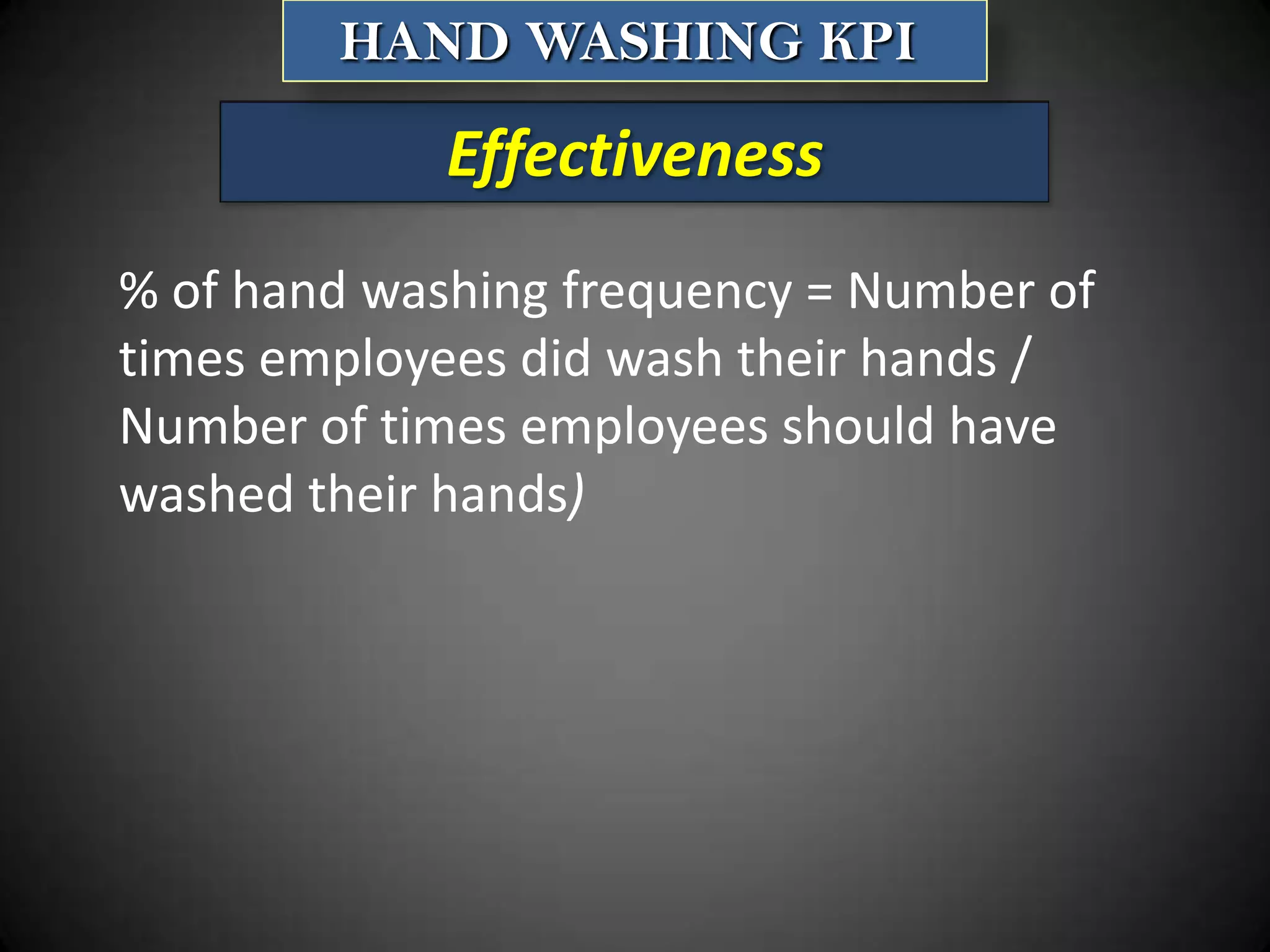 HAND WASHING KPI

Effectiveness
% of hand washing frequency = Number of
times employees did wash their hands /
Number of times employees should have
washed their hands)

 