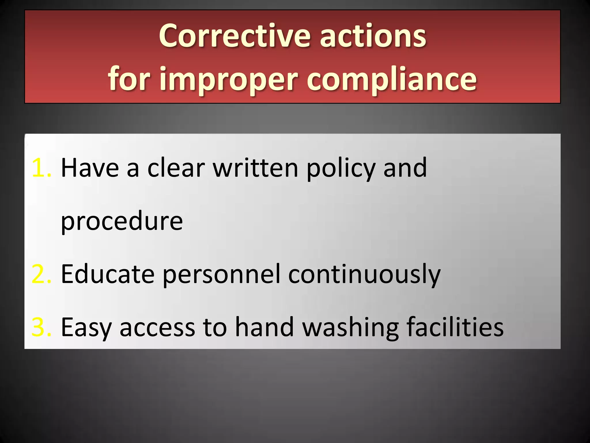 Corrective actions
for improper compliance
1. Have a clear written policy and
procedure

2. Educate personnel continuously
3. Easy access to hand washing facilities

 