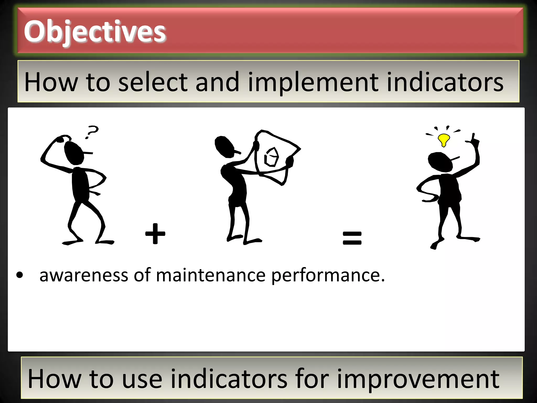 Objectives
How to select and implement indicators

+

=

• awareness of maintenance performance.

How to use indicators for improvement

 