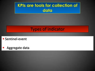 KPIs are tools for collection of
data

Types of indicator
 Sentinel-event
 Aggregate data

 
