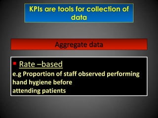 KPIs are tools for collection of
data

Aggregate data

 Rate –based
e.g Proportion of staff observed performing
hand hygiene before
attending patients

 