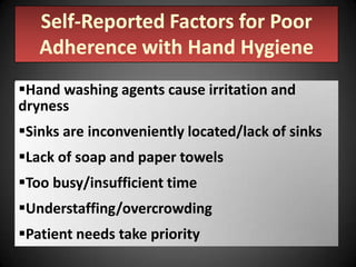 Self-Reported Factors for Poor
Adherence with Hand Hygiene
Hand washing agents cause irritation and
dryness
Sinks are inconveniently located/lack of sinks

Lack of soap and paper towels
Too busy/insufficient time
Understaffing/overcrowding
Patient needs take priority

 