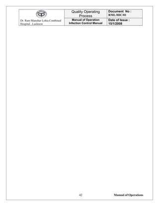Dr. Ram Manohar Lohia Combined
Hospital , Lucknow
Quality Operating
Process
Document No :
RML/HIC/01
Manual of Operation
Infection Control Manual
Date of Issue :
15/1/2008
Manual of Operations42
 