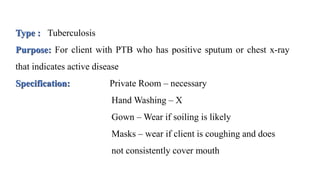 Type : Tuberculosis
Purpose: For client with PTB who has positive sputum or chest x-ray
that indicates active disease
Specification: Private Room – necessary
Hand Washing – X
Gown – Wear if soiling is likely
Masks – wear if client is coughing and does
not consistently cover mouth
 
