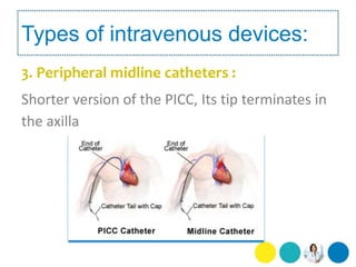 Types of intravenous devices:
3. Peripheral midline catheters :
Shorter version of the PICC, Its tip terminates in
the axi...