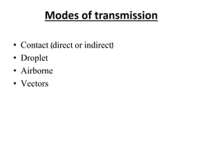 Modes of transmission
• Contact (direct or indirect)
• Droplet
• Airborne
• Vectors
 