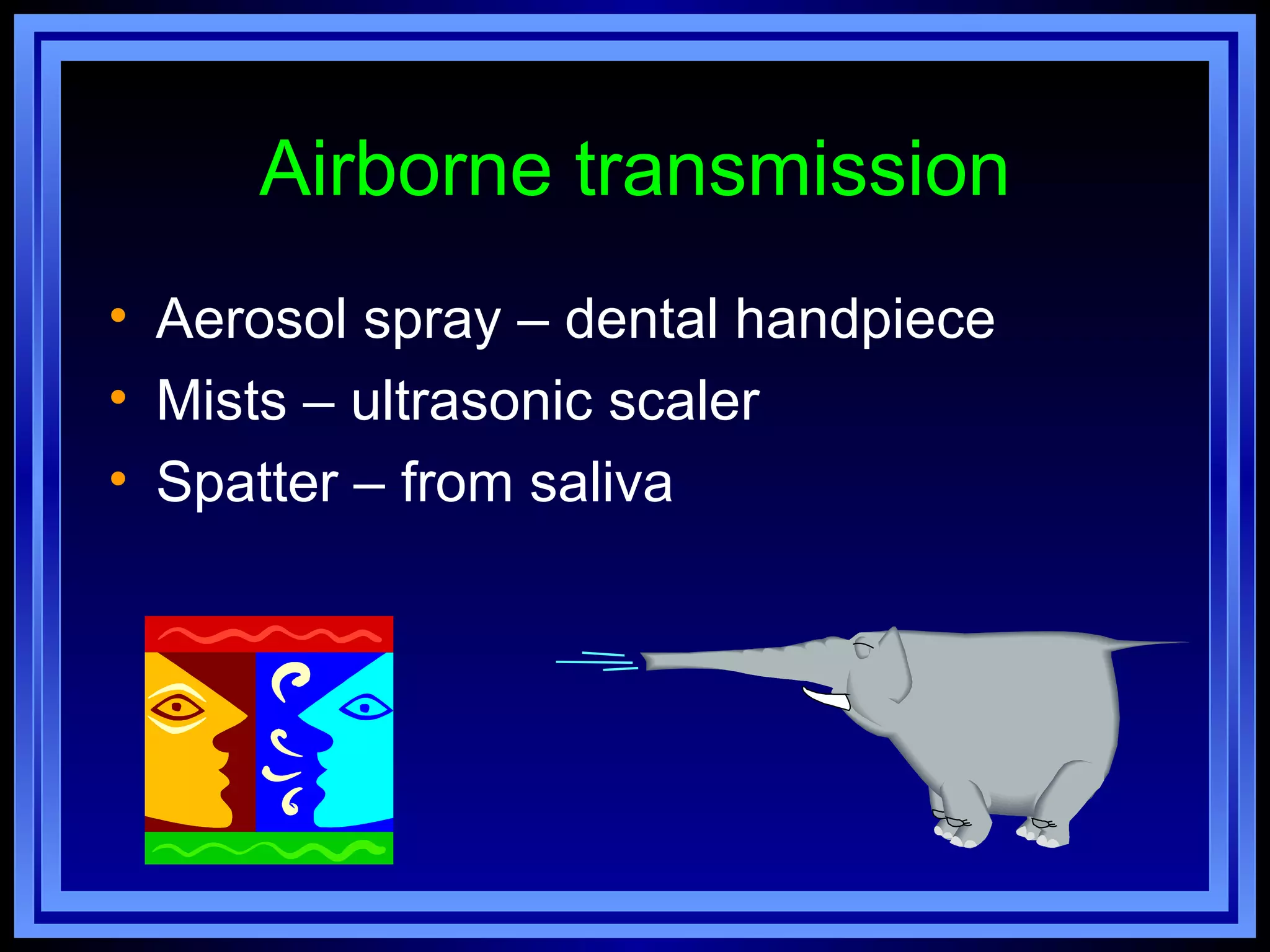 Airborne transmission
• Aerosol spray – dental handpiece
• Mists – ultrasonic scaler
• Spatter – from saliva
 