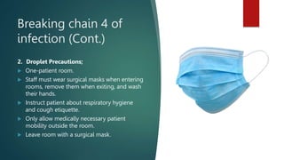 Breaking chain 4 of
infection (Cont.)
2. Droplet Precautions;
 One-patient room.
 Staff must wear surgical masks when entering
rooms, remove them when exiting, and wash
their hands.
 Instruct patient about respiratory hygiene
and cough etiquette.
 Only allow medically necessary patient
mobility outside the room.
 Leave room with a surgical mask.
 