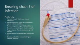 Breaking chain 5 of
infection
Portal of entry:
 Maintain integrity of skin and mucous
membrane.
 Prepare position of tubing, etc. may prevent
injuries and skin breakdown.
 Turning and positioning of debilitated clients.
 Ensure the personal hygiene of client regularly.
 Proper disposal of contaminated syringe and
needles.
 Proper handling of catheters and drainage set
etc.
 Care should be taken while collecting and
handling specimen.
 