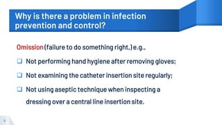 Why is there a problem in infection
prevention and control?
Omission (failure to do something right,) e.g.,
 Not performing hand hygiene after removing gloves;
 Not examining the catheter insertion site regularly;
 Not using aseptic technique when inspecting a
dressing over a central line insertion site.
5
 