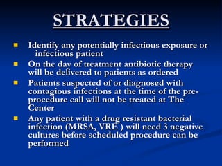 STRATEGIES Identify any potentially infectious exposure or  infectious patient  On the day of treatment antibiotic therapy will be delivered to patients as ordered  Patients suspected of or diagnosed with contagious infections at the time of the pre-procedure call will not be treated at The Center  Any patient with a drug resistant bacterial infection (MRSA, VRE ) will need 3 negative cultures before scheduled procedure can be performed  