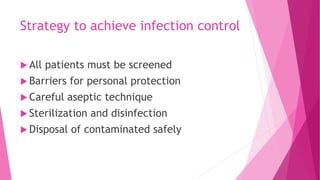 Strategy to achieve infection control
 All patients must be screened
 Barriers for personal protection
 Careful aseptic technique
 Sterilization and disinfection
 Disposal of contaminated safely
 