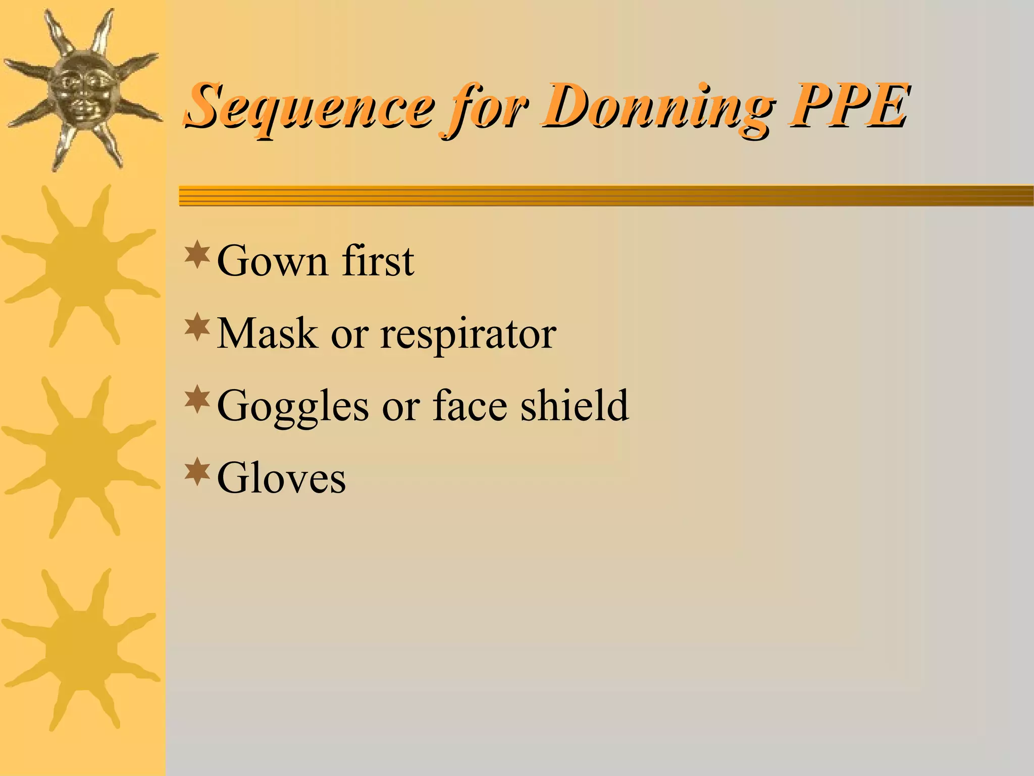 Sequence for Donning PPESequence for Donning PPE
Gown first
Mask or respirator
Goggles or face shield
Gloves
 