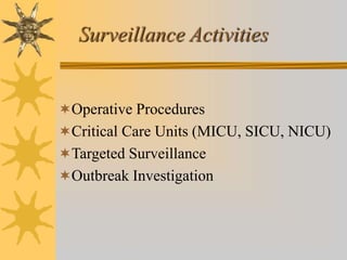 Surveillance Activities
Operative Procedures
Critical Care Units (MICU, SICU, NICU)
Targeted Surveillance
Outbreak Investigation
 