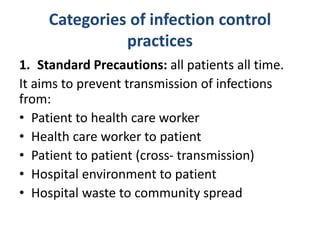 Categories of infection control
practices
1. Standard Precautions: all patients all time.
It aims to prevent transmission of infections
from:
• Patient to health care worker
• Health care worker to patient
• Patient to patient (cross- transmission)
• Hospital environment to patient
• Hospital waste to community spread
 