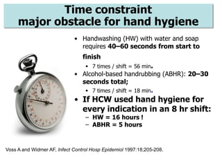 • Handwashing (HW) with water and soap
requires 40–60 seconds from start to
finish
 7 times / shift = 56 min.
• Alcohol-based handrubbing (ABHR): 20–30
seconds total;
 7 times / shift = 18 min.
• If HCW used hand hygiene for
every indication in an 8 hr shift:
– HW = 16 hours !
– ABHR = 5 hours
Time constraint
major obstacle for hand hygiene
Voss A and Widmer AF, Infect Control Hosp Epidemiol 1997:18;205-208.
 