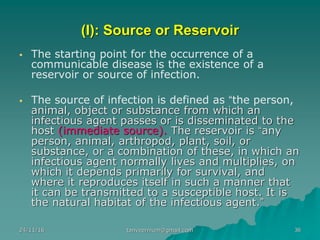 (I): Source or Reservoir
▪ The starting point for the occurrence of a
communicable disease is the existence of a
reservoir or source of infection.
▪ The source of infection is defined as “the person,
animal, object or substance from which an
infectious agent passes or is disseminated to the
host (immediate source). The reservoir is “any
person, animal, arthropod, plant, soil, or
substance, or a combination of these, in which an
infectious agent normally lives and multiplies, on
which it depends primarily for survival, and
where it reproduces itself in such a manner that
it can be transmitted to a susceptible host. It is
the natural habitat of the infectious agent.”
24/11/16 36tanveernium@gmail.com
 