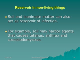 Reservoir in non-living things
◆ Soil and inanimate matter can also
act as reservoir of infection.
◆ For example, soil may harbor agents
that causes tetanus, anthrax and
coccidiodomycosis.
24/11/16 40tanveernium@gmail.com
 