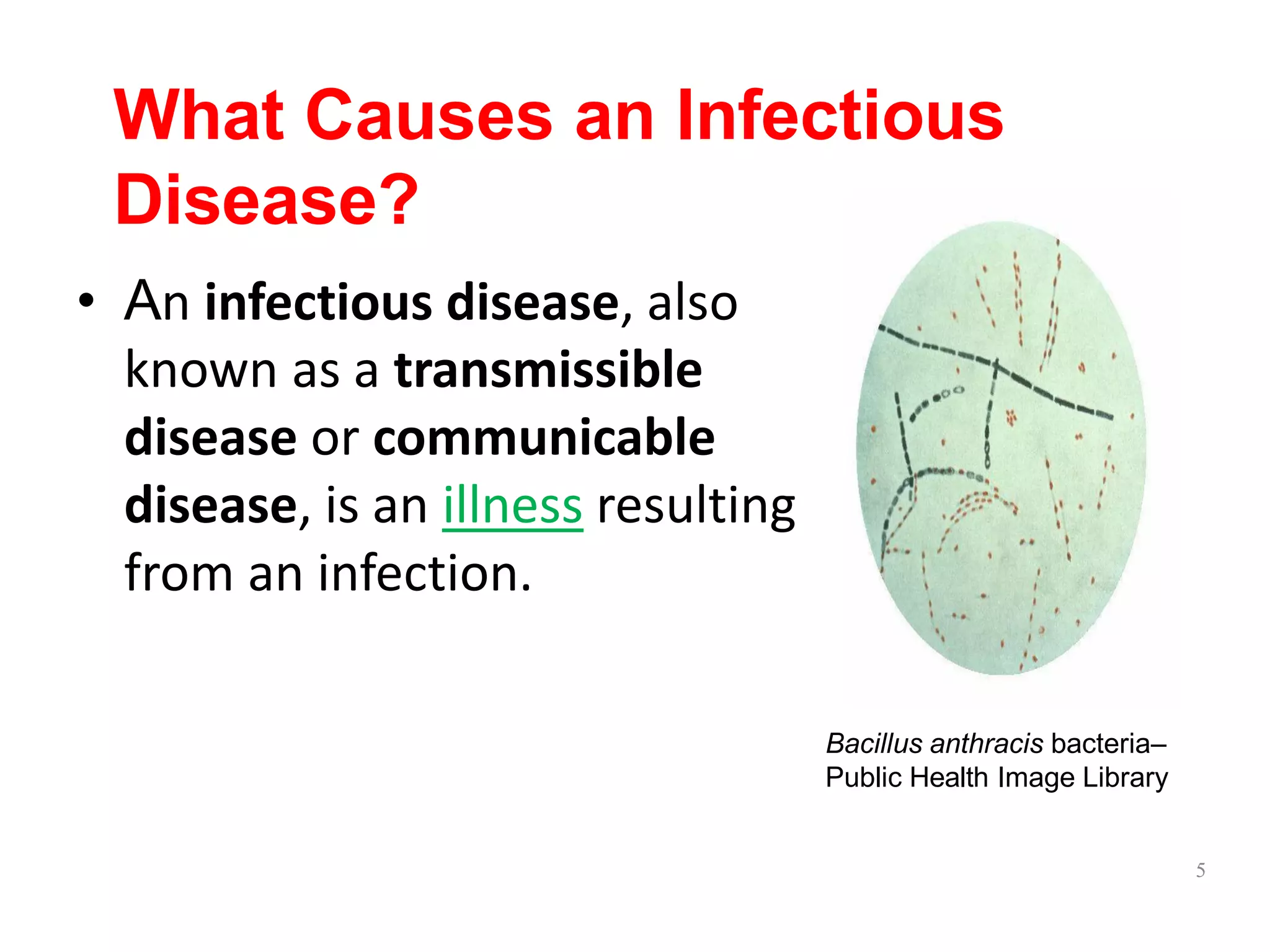 What Causes an Infectious
Disease?
• An infectious disease, also
known as a transmissible
disease or communicable
disease, is an illness resulting
from an infection.
Bacillus anthracis bacteria–
Public Health Image Library
5
 