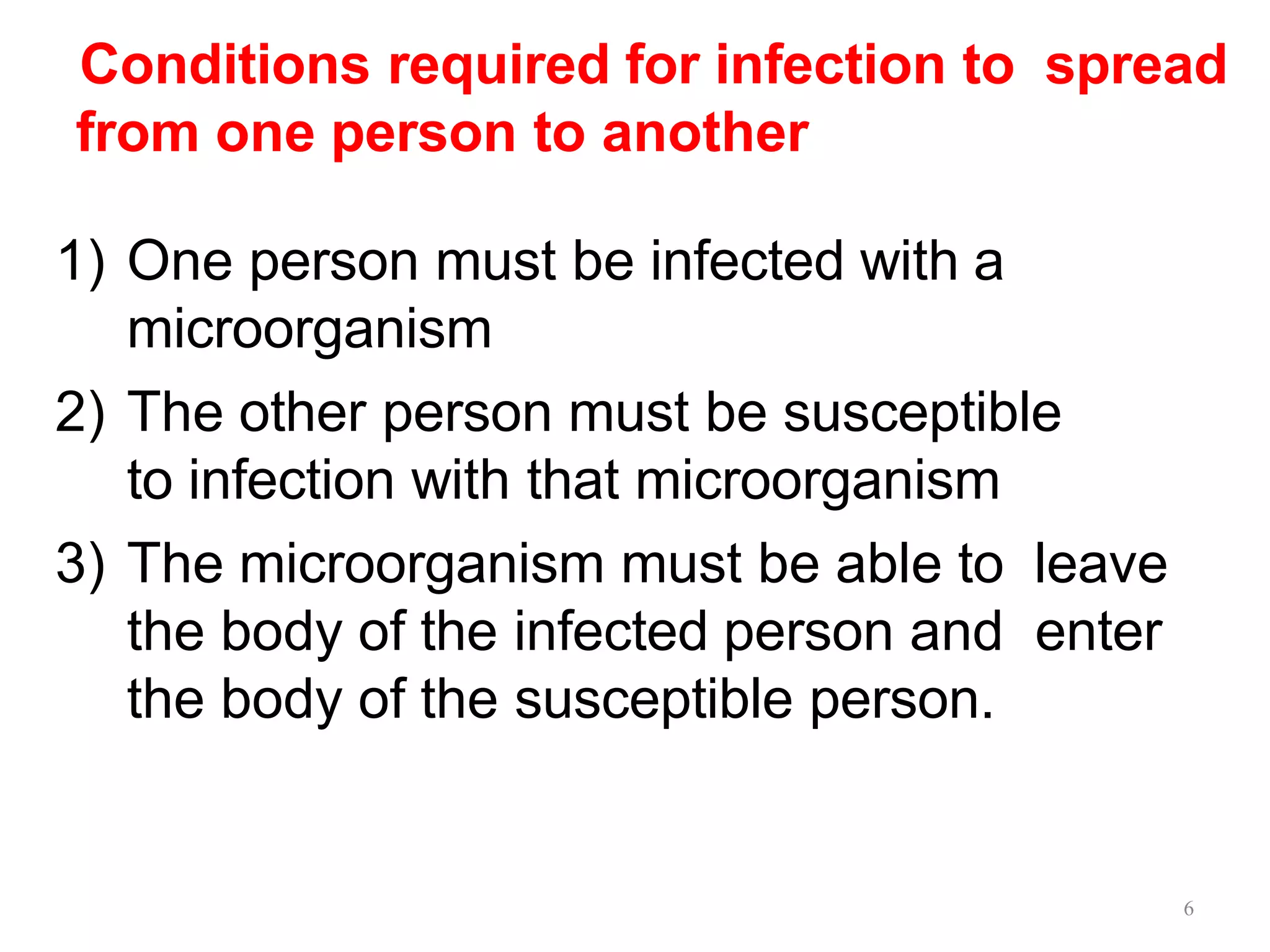 6
Conditions required for infection to spread
from one person to another
1) One person must be infected with a
microorganism
2) The other person must be susceptible
to infection with that microorganism
3) The microorganism must be able to leave
the body of the infected person and enter
the body of the susceptible person.
 