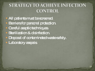 All patients must be screened. Barriers for personal protection. Careful aseptic techniques. Sterilization & disinfection. Disposal of contaminated waste safely. Laboratory asepsis. 
