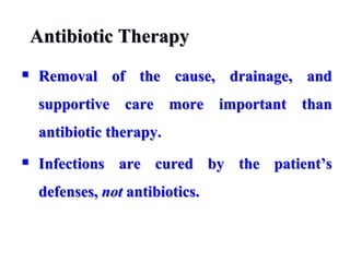 Antibiotic Therapy
 Removal of the cause, drainage, and
supportive care more important than
antibiotic therapy.
 Infections are cured by the patient’s
defenses, not antibiotics.
 