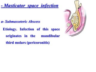 - Masticator space infection
a- Submasseteric Abscess
Etiology. Infection of this space
originates in the mandibular
third molars (pericoronitis)
 