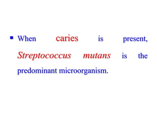  When caries is present,
Streptococcus mutans is the
predominant microorganism.
 