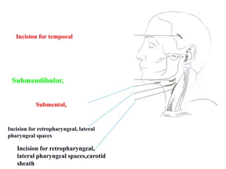 Incision for temporal
Submandibular,
Submental,
Incision for retropharyngeal, lateral
pharyngeal spaces
Incision for retropharyngeal,
lateral pharyngeal spaces,carotid
sheath
 