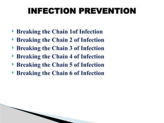  Breaking the Chain 1of Infection
 Breaking the Chain 2 of Infection
 Breaking the Chain 3 of Infection
 Breaking the Chain 4 of Infection
 Breaking the Chain 5 of Infection
 Breaking the Chain 6 of Infection
INFECTION PREVENTION
 