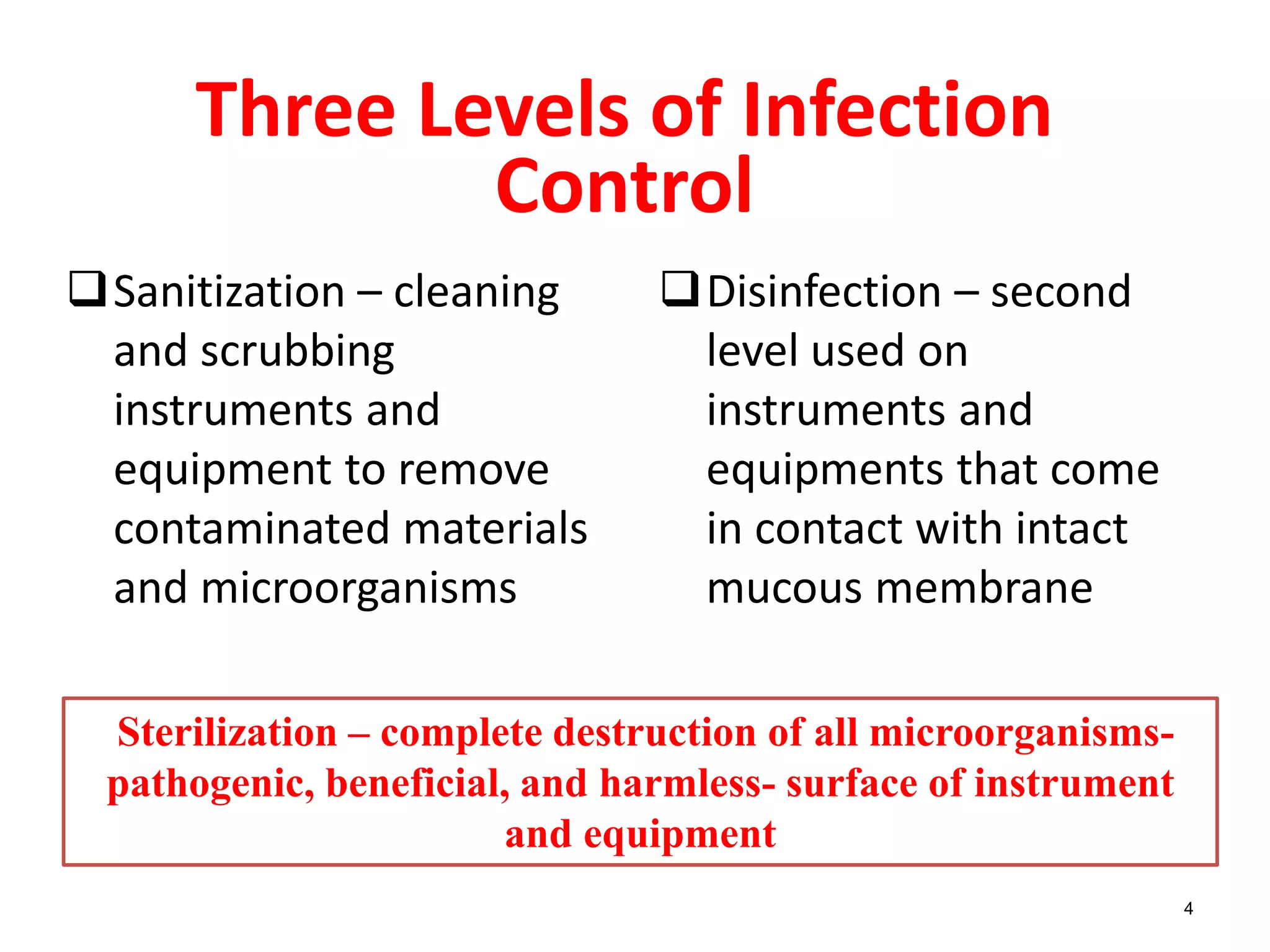 4
Three Levels of Infection
Control
Sanitization – cleaning
and scrubbing
instruments and
equipment to remove
contaminated materials
and microorganisms
Disinfection – second
level used on
instruments and
equipments that come
in contact with intact
mucous membrane
Sterilization – complete destruction of all microorganisms-
pathogenic, beneficial, and harmless- surface of instrument
and equipment
 