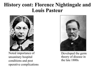 History cont: Florence Nightingale and
Louis Pasteur
Developed the germ
theory of disease in
the late 1800s
Noted importance of
unsanitary hospital
conditions and post
operative complications
 