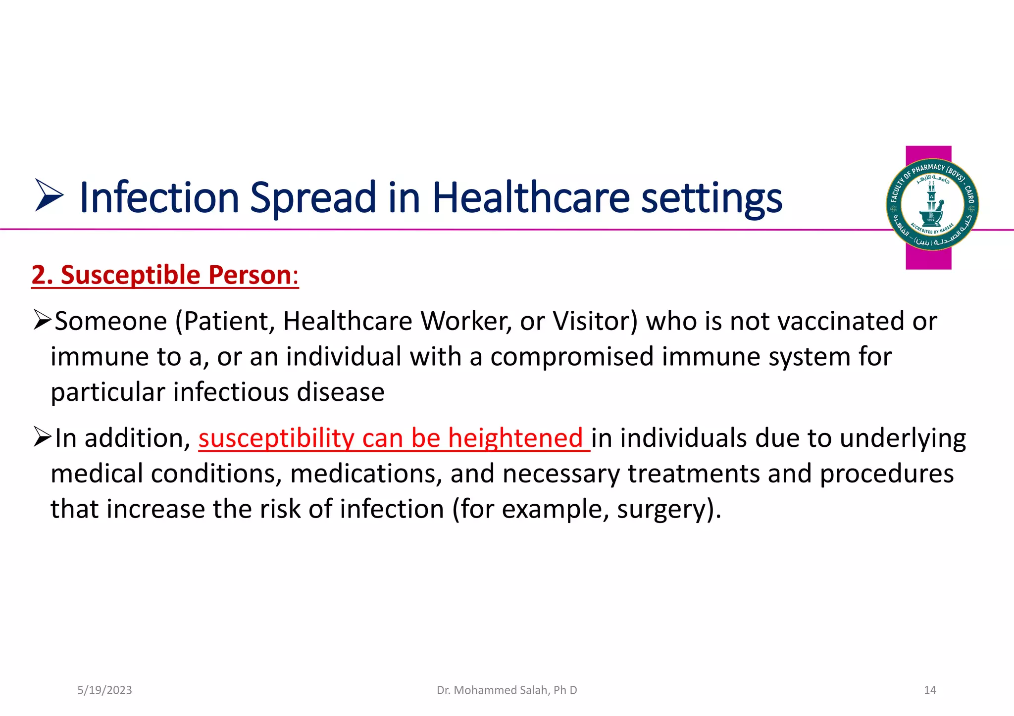  Infection Spread in Healthcare settings
2. Susceptible Person:
Someone (Patient, Healthcare Worker, or Visitor) who is not vaccinated or
immune to a, or an individual with a compromised immune system for
particular infectious disease
In addition, susceptibility can be heightened in individuals due to underlying
medical conditions, medications, and necessary treatments and procedures
that increase the risk of infection (for example, surgery).
Dr. Mohammed Salah, Ph D 14
5/19/2023
 