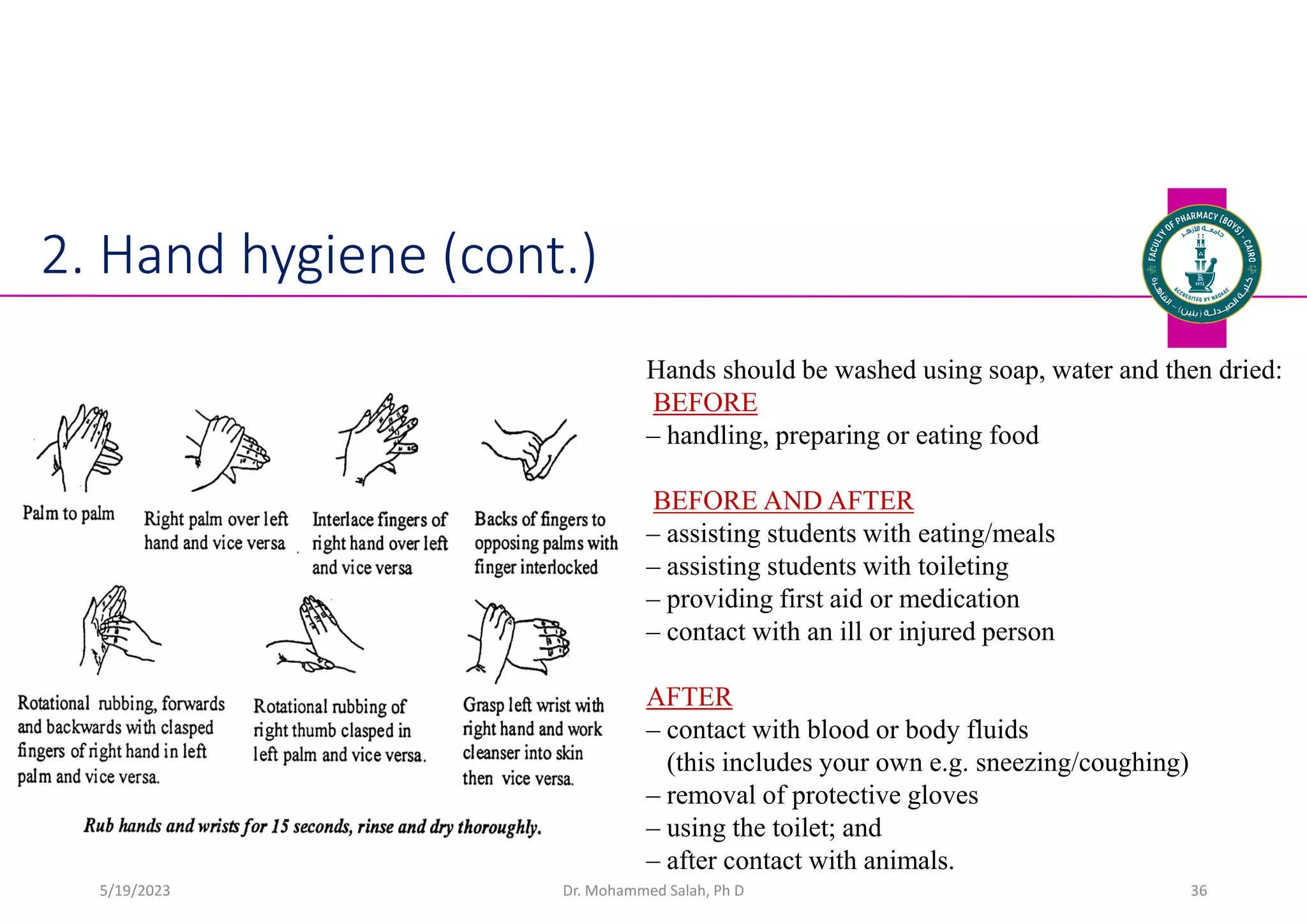 Dr. Mohammed Salah, Ph D 36
2. Hand hygiene (cont.)
Hands should be washed using soap, water and then dried:
BEFORE
‒ handling, preparing or eating food
BEFORE AND AFTER
‒ assisting students with eating/meals
‒ assisting students with toileting
‒ providing first aid or medication
‒ contact with an ill or injured person
AFTER
‒ contact with blood or body fluids
(this includes your own e.g. sneezing/coughing)
‒ removal of protective gloves
‒ using the toilet; and
‒ after contact with animals.
5/19/2023
 