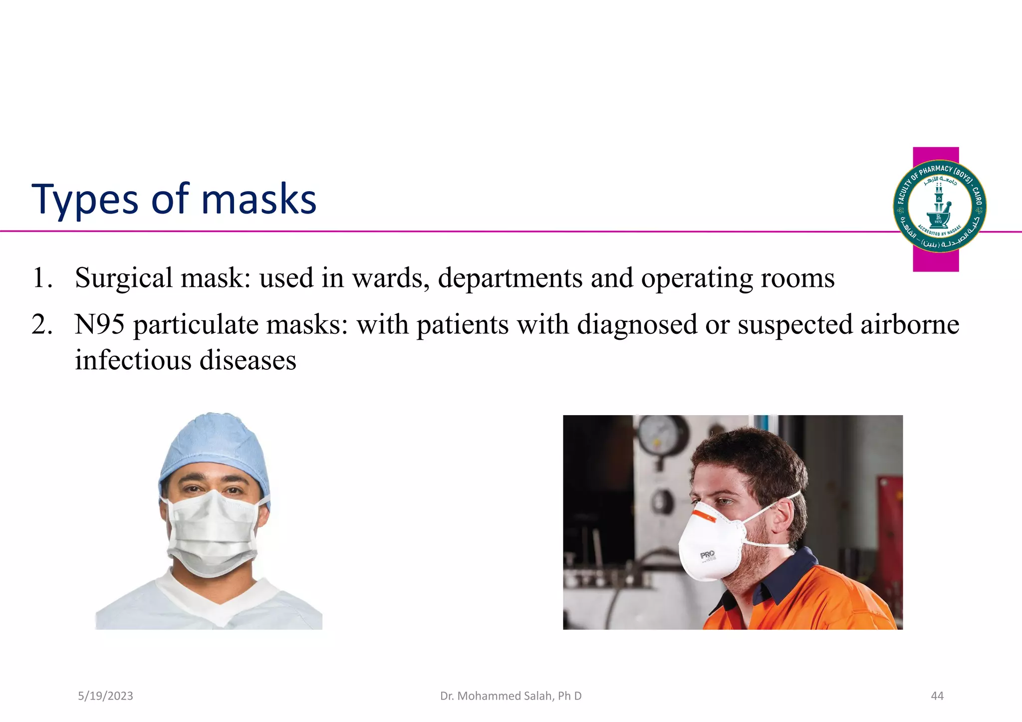 Types of masks
1. Surgical mask: used in wards, departments and operating rooms
2. N95 particulate masks: with patients with diagnosed or suspected airborne
infectious diseases
Dr. Mohammed Salah, Ph D 44
5/19/2023
 