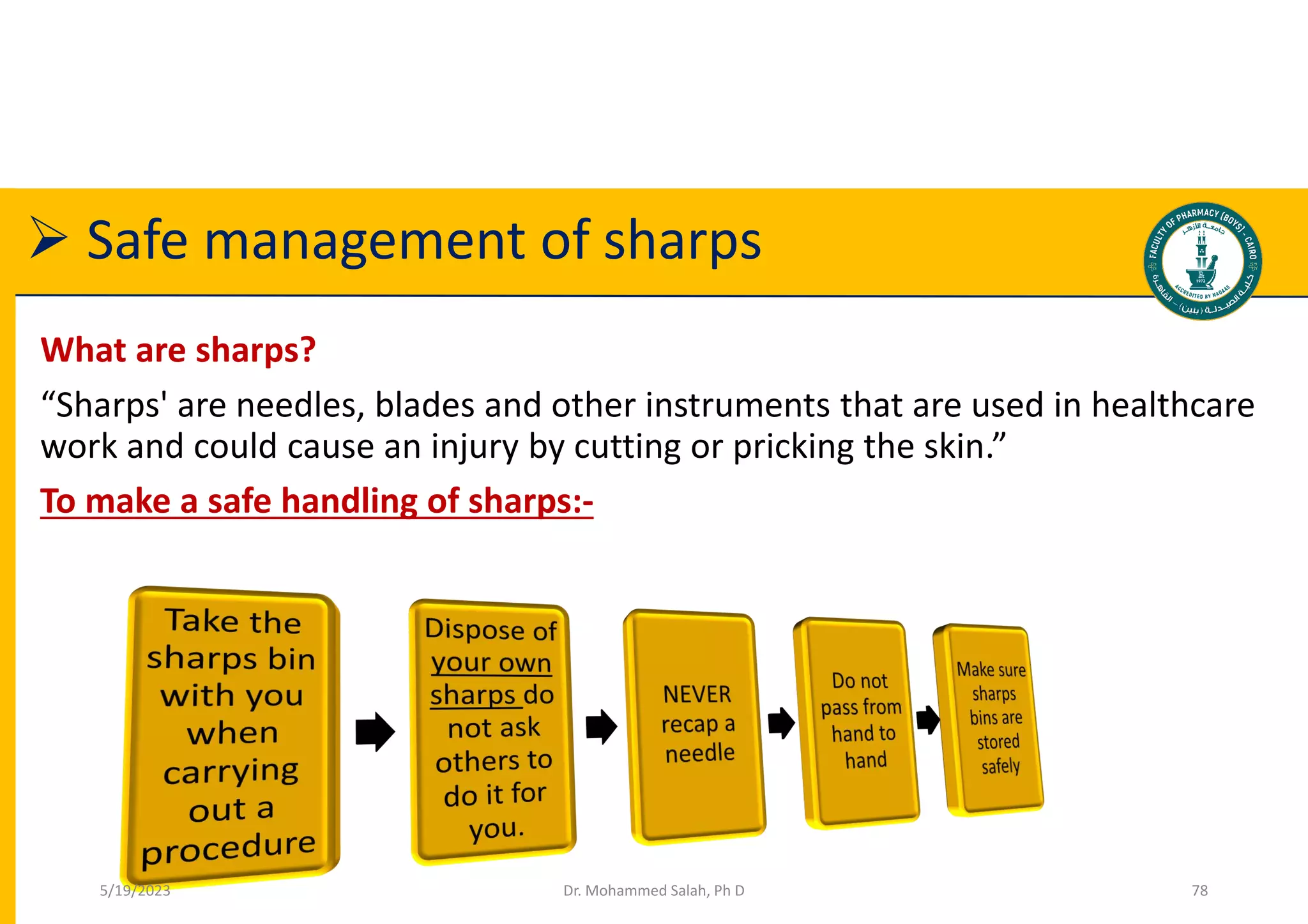  Safe management of sharps
What are sharps?
“Sharps' are needles, blades and other instruments that are used in healthcare
work and could cause an injury by cutting or pricking the skin.”
To make a safe handling of sharps:-
Dr. Mohammed Salah, Ph D 78
5/19/2023
 