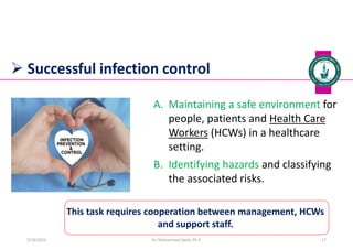  Successful infection control
A. Maintaining a safe environment for
people, patients and Health Care
Workers (HCWs) in a healthcare
setting.
B. Identifying hazards and classifying
the associated risks.
Dr. Mohammed Salah, Ph D 17
This task requires cooperation between management, HCWs
and support staff.
5/19/2023
 