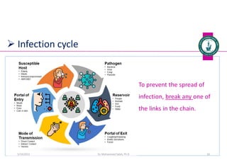  Infection cycle
To prevent the spread of
infection, break any one of
the links in the chain.
Dr. Mohammed Salah, Ph D 18
5/19/2023
 