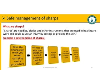  Safe management of sharps
What are sharps?
“Sharps' are needles, blades and other instruments that are used in healthcare
work and could cause an injury by cutting or pricking the skin.”
To make a safe handling of sharps:-
Dr. Mohammed Salah, Ph D 78
5/19/2023
 