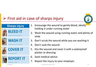  First aid in case of sharps injury
1. Encourage the wound to gently bleed, ideally
holding it under running water
2. Wash the wound using running water and plenty of
soap
3. Don't scrub the wound while you are washing it
4. Don't suck the wound
5. Dry the wound and cover it with a waterproof
plaster or dressing
6. Seek medical advice
7. Report the injury to your employer.
Dr. Mohammed Salah, Ph D 79
5/19/2023
 