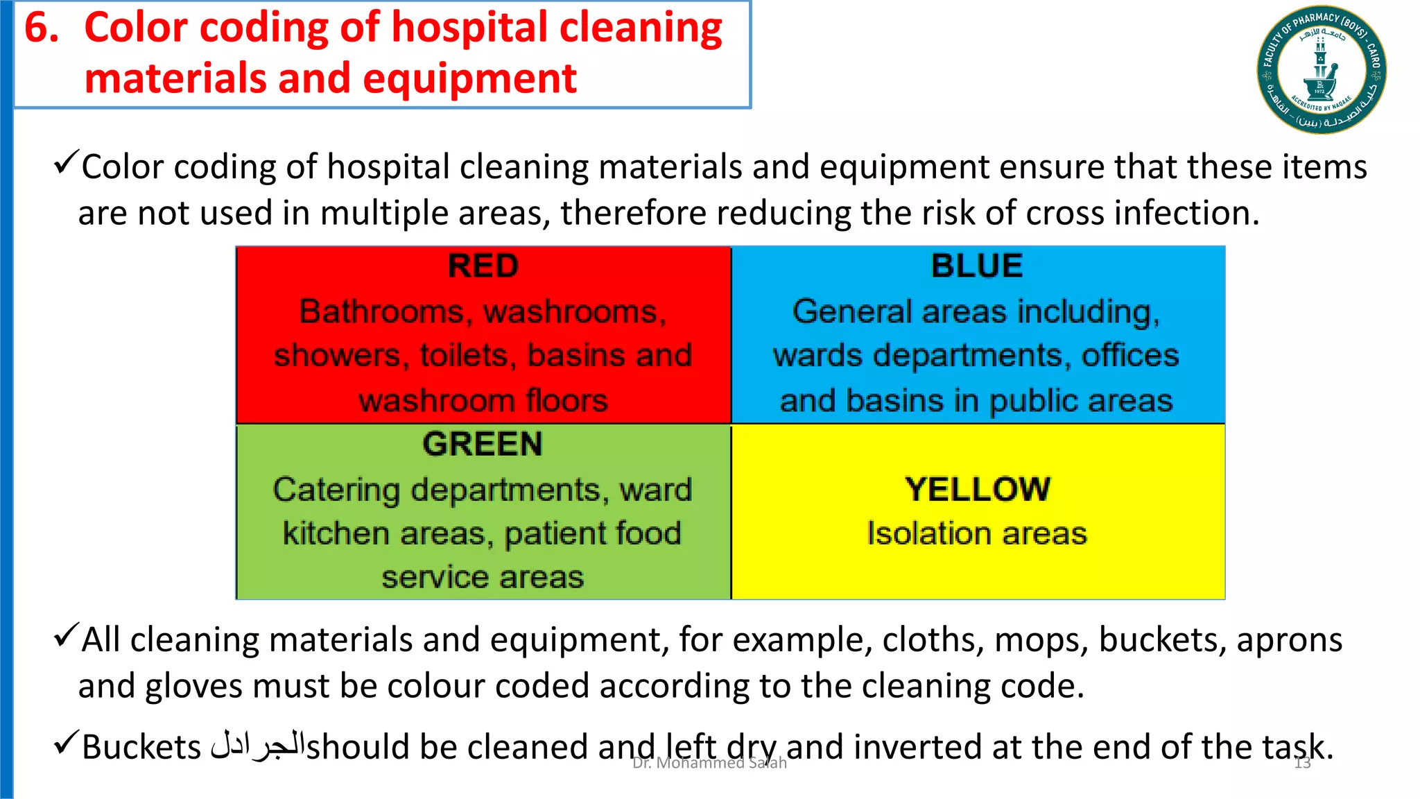 6. Color coding of hospital cleaning
materials and equipment
Color coding of hospital cleaning materials and equipment ensure that these items
are not used in multiple areas, therefore reducing the risk of cross infection.
All cleaning materials and equipment, for example, cloths, mops, buckets, aprons
and gloves must be colour coded according to the cleaning code.
Buckets ‫الجرادل‬should be cleaned and left dry and inverted at the end of the task.
Dr. Mohammed Salah 13
 