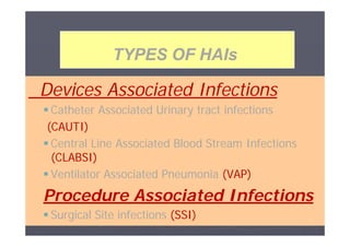 TYPES OF HAIs

Devices Associated Infections
 Catheter Associated Urinary tract infections
(CAUTI)
 Central Line Associated Blood Stream Infections
(CLABSI)
 Ventilator Associated Pneumonia (VAP)

Procedure Associated Infections
 Surgical Site infections (SSI)

٦

 