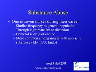 Substance Abuse One in seven nurses during their career  Similar frequency to general population Through legitimate Rx or diversion Demerol is drug of choice More common among nurses with access to substance (ED, ICU, Endo) www.RxForSanity.com West J Med 2001 