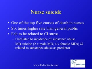 Nurse suicide One of the top five causes of death in nurses Six times higher rate than general public Felt to be related to CI stress Unrelated to incidence of substance abuse MD suicide (2 x male MD, 4 x female MDs)  IS  related to substance abuse as predictor www.RxForSanity.com 