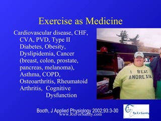 Exercise as Medicine Cardiovascular disease, CHF, CVA, PVD, Type II Diabetes, Obesity, Dyslipidemia, Cancer (breast, colon, prostate, pancreas, melanoma), Asthma, COPD, Osteoarthritis, Rheumatoid Arthritis,  Cognitive  Dysfunction www.RxForSanity.com Booth, J Applied Physiology 2002;93:3-30 