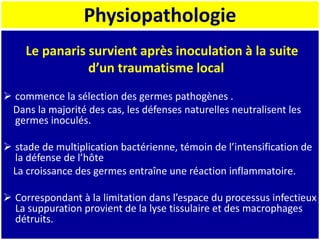 Physiopathologie
Le panaris survient après inoculation à la suite
d’un traumatisme local
 commence la sélection des germes pathogènes .
Dans la majorité des cas, les défenses naturelles neutralisent les
germes inoculés.
 stade de multiplication bactérienne, témoin de l’intensification de
la défense de l’hôte
La croissance des germes entraîne une réaction inflammatoire.
 Correspondant à la limitation dans l’espace du processus infectieux
La suppuration provient de la lyse tissulaire et des macrophages
détruits.
 