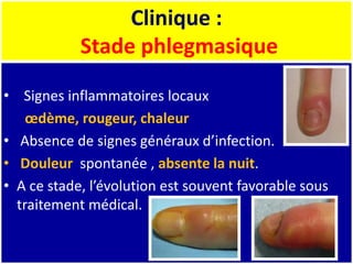 Clinique :
Stade phlegmasique
• Signes inflammatoires locaux
œdème, rougeur, chaleur
• Absence de signes généraux d’infection.
• Douleur spontanée , absente la nuit.
• A ce stade, l’évolution est souvent favorable sous
traitement médical.
 