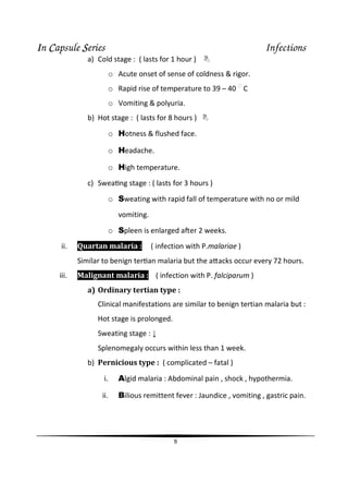 IIIIn CCCCapsule SSSSeries Infections
9
a) Cold stage : ( lasts for 1 hour )
o Acute onset of sense of coldness & rigor.
o Rapid rise of temperature to 39 – 40 ᵒ
C
o Vomiting & polyuria.
b) Hot stage : ( lasts for 8 hours )
o Hotness & flushed face.
o Headache.
o High temperature.
c) SweaƟng stage : ( lasts for 3 hours )
o Sweating with rapid fall of temperature with no or mild
vomiting.
o Spleen is enlarged aŌer 2 weeks.
ii. Quartan malaria : ( infection with P.malariae )
Similar to benign terƟan malaria but the aƩacks occur every 72 hours.
iii. Malignant malaria : ( infection with P. falciparum )
a) Ordinary tertian type :
Clinical manifestations are similar to benign tertian malaria but :
Hot stage is prolonged.
Sweating stage : ↓
Splenomegaly occurs within less than 1 week.
b) Pernicious type : ( complicated – fatal )
i. Algid malaria : Abdominal pain , shock , hypothermia.
ii. Bilious remittent fever : Jaundice , vomiting , gastric pain.
 