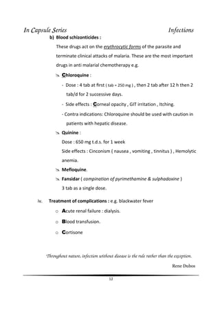 IIIIn CCCCapsule SSSSeries Infections
12
b) Blood schizonticides :
These drugs act on the erythrocytic forms of the parasite and
terminate clinical attacks of malaria. These are the most important
drugs in anti malarial chemotherapy e.g.
Chloroquine :
- Dose : 4 tab at ﬁrst ( tab = 250 mg ) , then 2 tab aŌer 12 h then 2
tab/d for 2 successive days.
- Side effects : Corneal opacity , GIT irritation , Itching.
- Contra indications: Chloroquine should be used with caution in
patients with hepatic disease.
Quinine :
Dose : 650 mg t.d.s. for 1 week
Side effects : Cinconism ( nausea , vomiting , tinnitus ) , Hemolytic
anemia.
Mefloquine.
Fansidar ( compination of pyrimethamine & sulphadoxine )
3 tab as a single dose.
iv. Treatment of complications : e.g. blackwater fever
o Acute renal failure : dialysis.
o Blood transfusion.
o Cortisone
Throughout nature, infection without disease is the rule rather than the exception.
Rene Dubos
 
