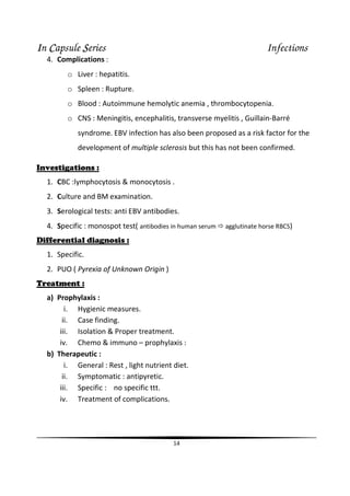 IIIIn CCCCapsule SSSSeries Infections
14
4. Complications :
o Liver : hepatitis.
o Spleen : Rupture.
o Blood : Autoimmune hemolytic anemia , thrombocytopenia.
o CNS : Meningitis, encephalitis, transverse myelitis , Guillain-Barré
syndrome. EBV infection has also been proposed as a risk factor for the
development of multiple sclerosis but this has not been confirmed.
Investigations :
1. CBC :lymphocytosis & monocytosis .
2. Culture and BM examination.
3. Serological tests: anti EBV antibodies.
4. Specific : monospot test( antibodies in human serum agglutinate horse RBCS)
Differential diagnosis :
1. Specific.
2. PUO ( Pyrexia of Unknown Origin )
Treatment :
a) Prophylaxis :
i. Hygienic measures.
ii. Case finding.
iii. Isolation & Proper treatment.
iv. Chemo & immuno – prophylaxis :
b) Therapeutic :
i. General : Rest , light nutrient diet.
ii. Symptomatic : antipyretic.
iii. Specific : no specific ttt.
iv. Treatment of complications.
 